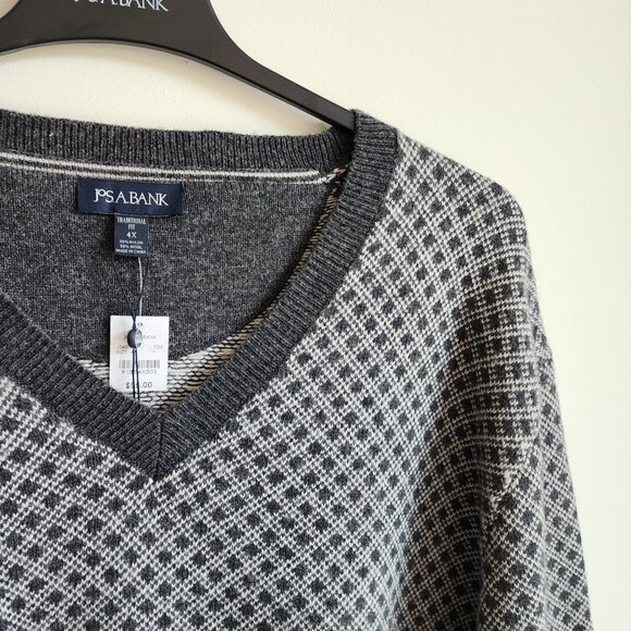 4XL Sweater Gray White Jos A Bank V Neck Nordic New Winter Wool Blend 4XB Jumper - Picture 8 of 17